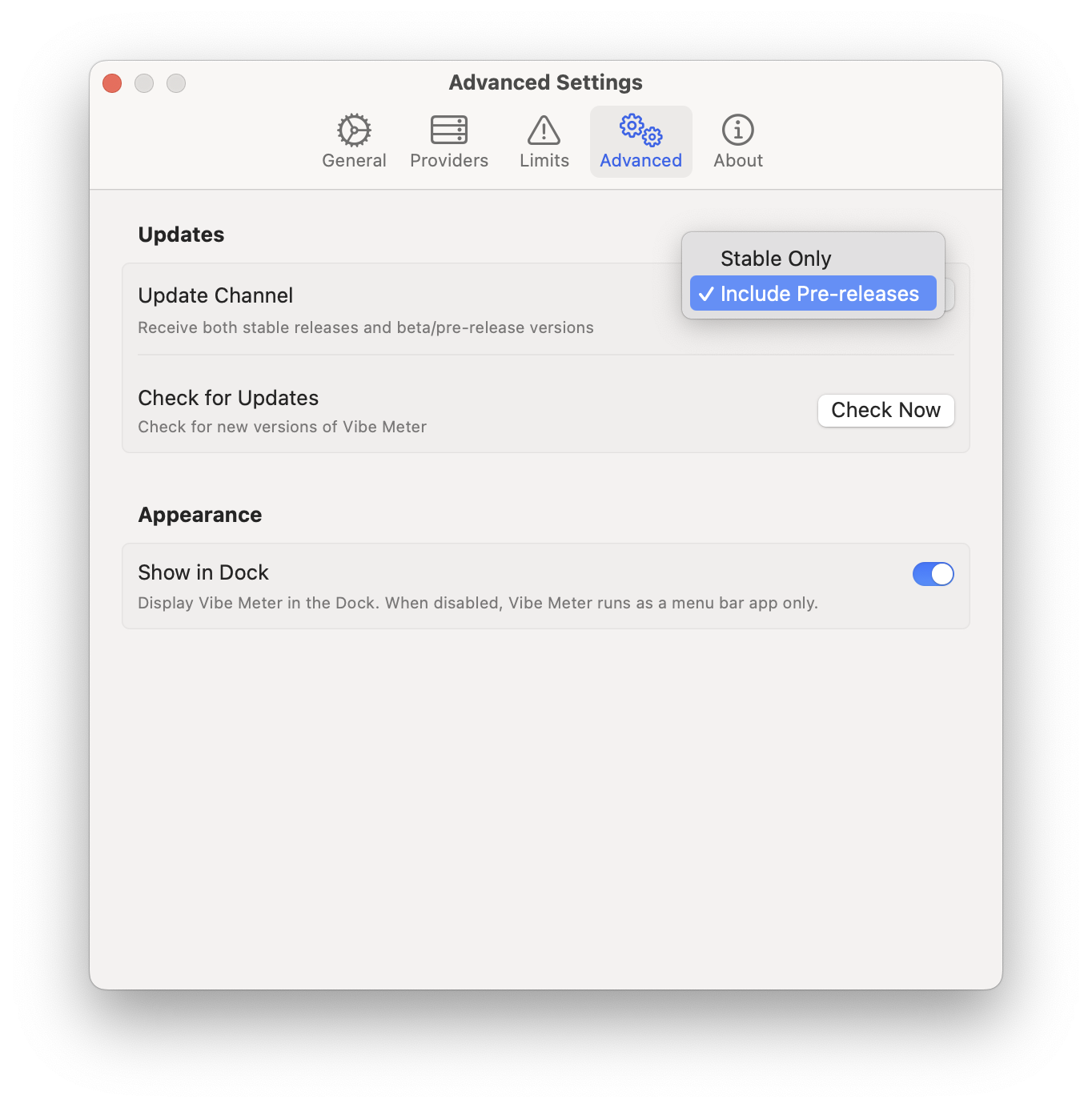 Vibe Meter settings showing update channel options